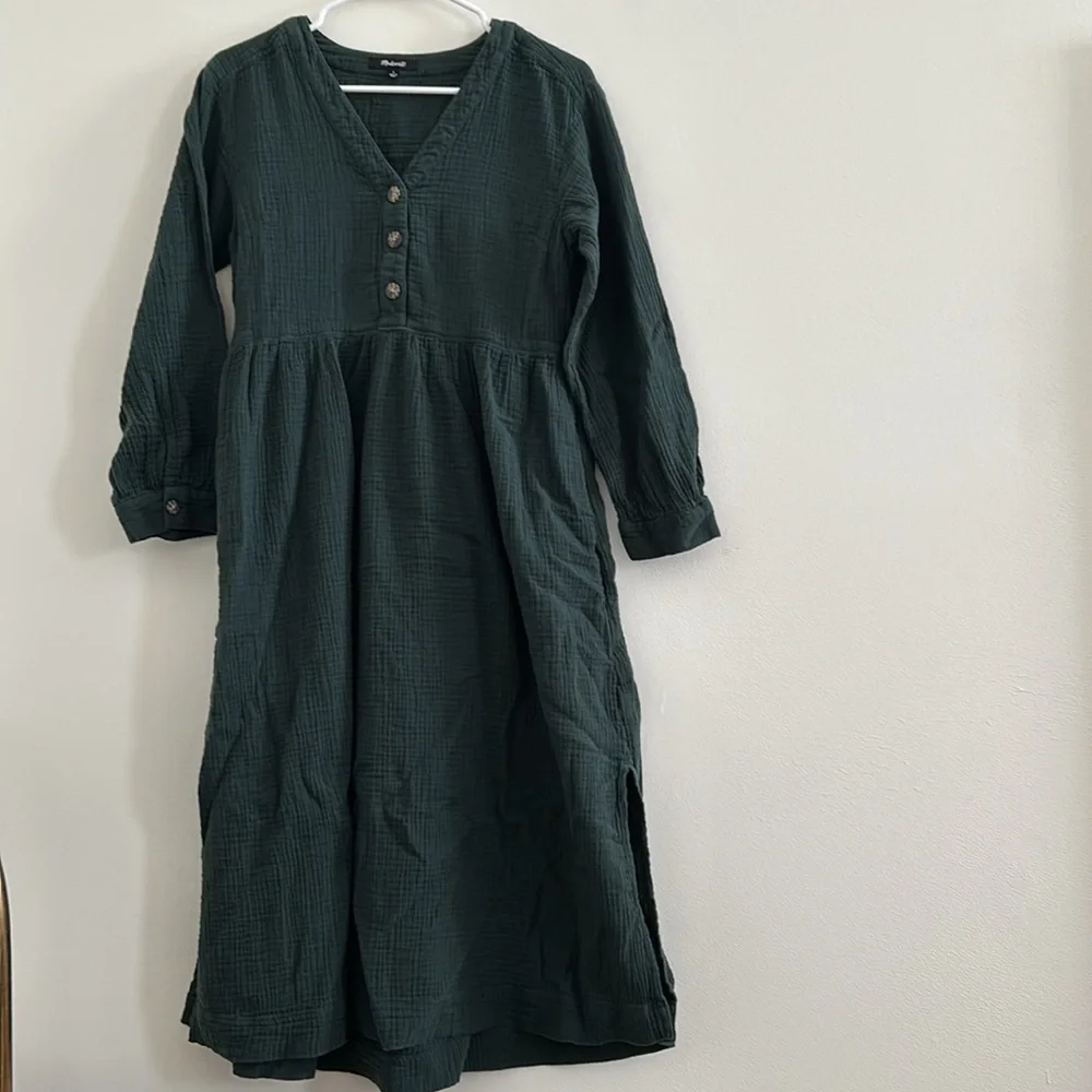 Madewell Midi Green Gauze Cotton Dress - Picture 2 of 3
